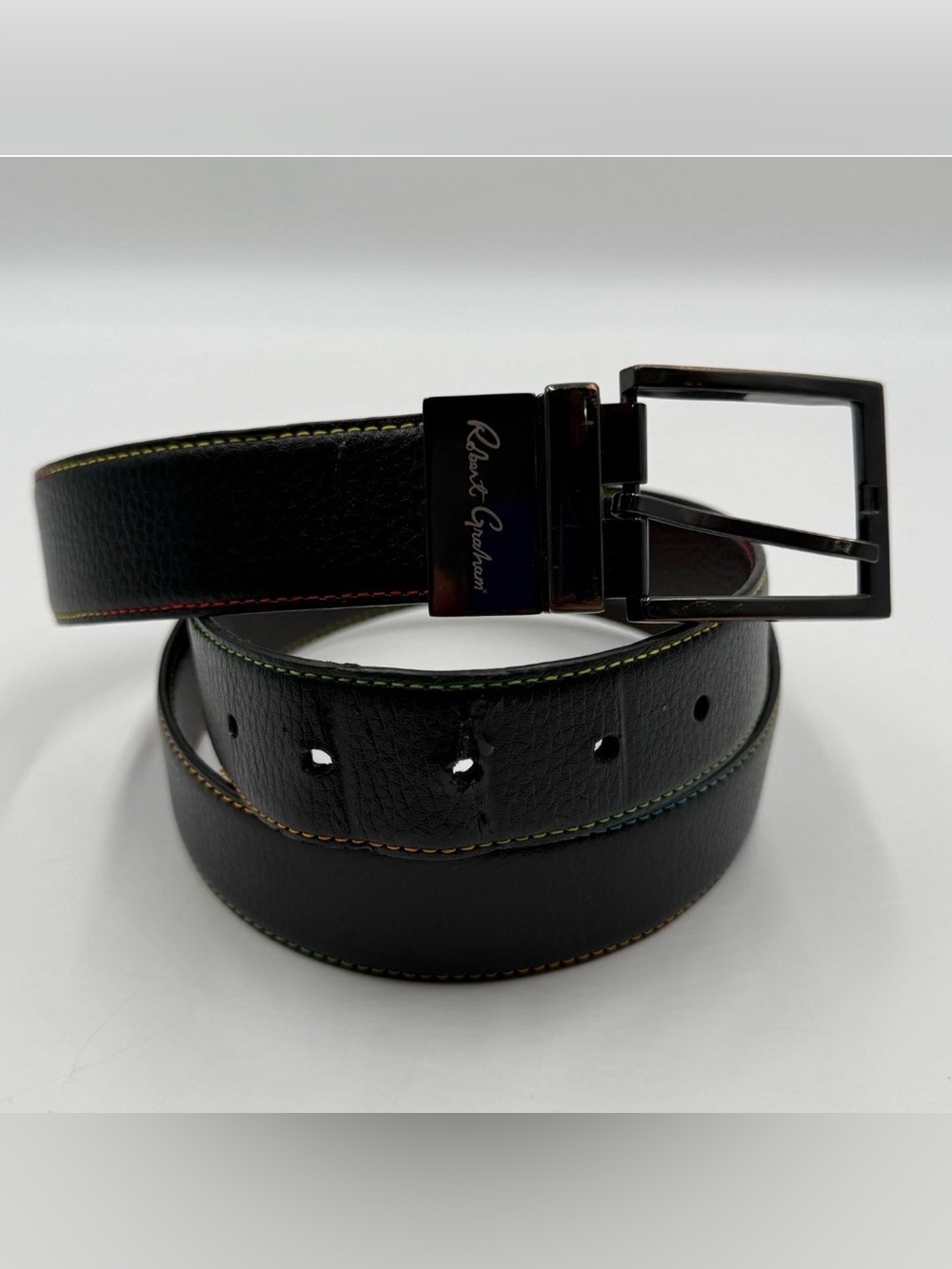 Robert Graham Black/Brown Faux Leather Belt Reversible Rainbow Stitching Retro